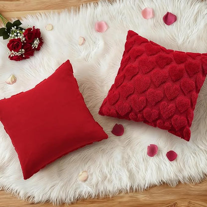 decorUhome Valentine’s Day Soft Plush Throw Pillow Covers 20x20 Inch Set of 2, Faux Fur Red Heart Decoration Neutral Square Pillow Covers for Couch Sofa Bed Cozy Farmhouse Holiday Decor