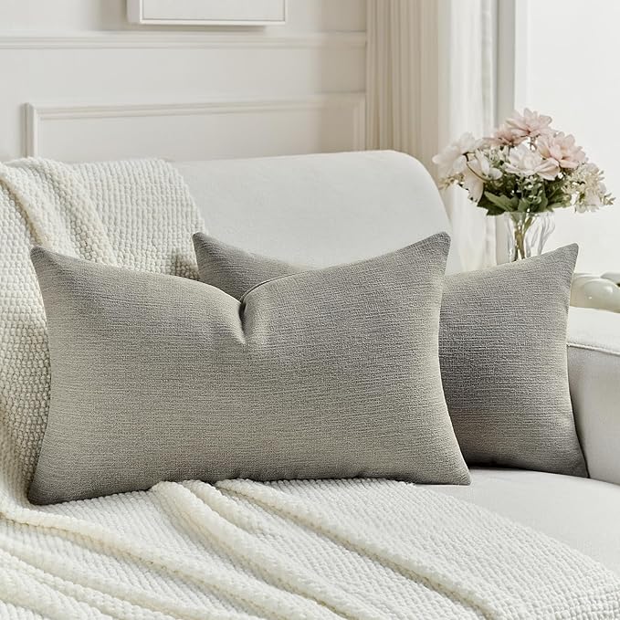 FUTEI Smoke Gray Chenille Decorative Throw Pillow Covers 12x20 Inch Set of 2,Soft Cozy Faux Linen Textured Lumbar Pillow Cases,Farmhouse Home Decor for Couch Living Room