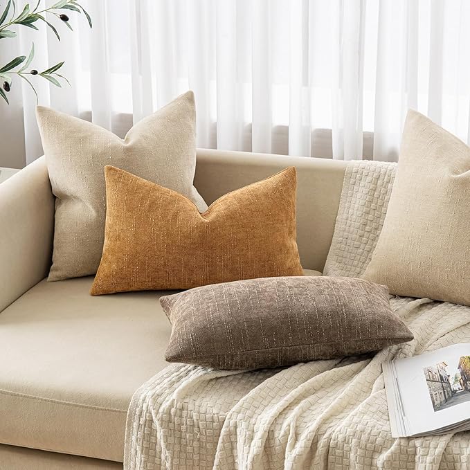 MIULEE Pack of 2 Decorative Throw Pillow Covers Soft Chenille Lumbar Accent Throw Pillows Solid Textured Cushion Covers Home Decor for Couch Sofa Bedroom Living Room 20x12 Inch,Golden Brown