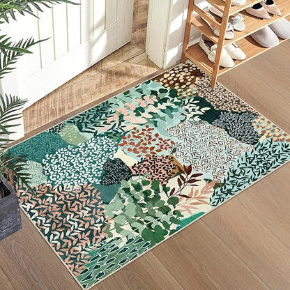 DEXDE 2x3 Area Rug, Small Boho Rugs Entryway Doormat Indoor Machine Washable Non-Slip Abstract Botanical Leaves Floral Print Floor Carpet for Living Room Bedroom Office Playroom, Dark Green