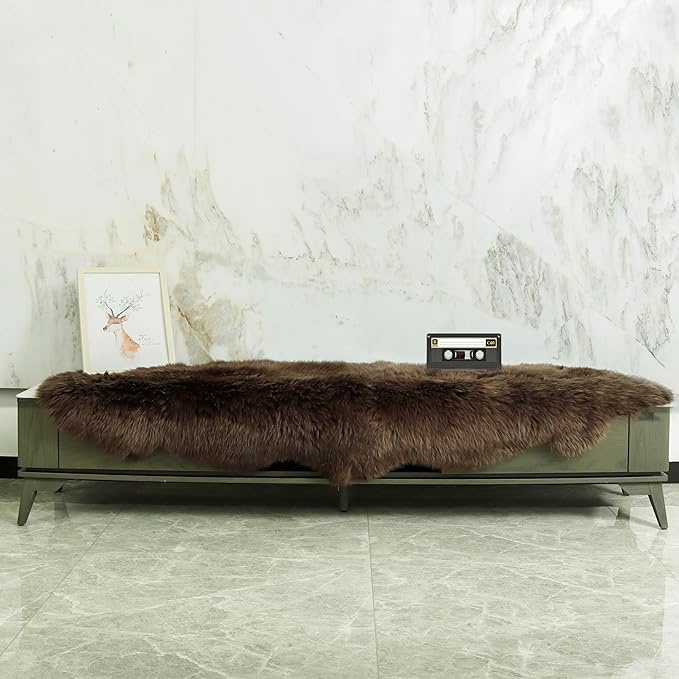 Genuine Sheepskin Rug New Zealand Luxury Lambskin Rug, Natural Fluffy Sheepskin Throw for Bedroom Living Room Children's Room - Premium Area Rug Chair Cover (2×6 Feet, Dark Brown)