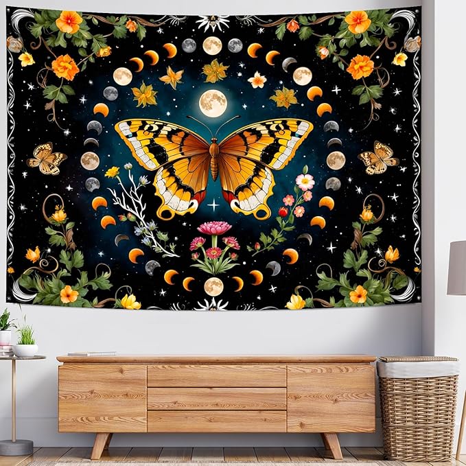 Delur Butterfly Moon Flower Tapestry Botanical Floral Plant Boho Tapestry Wall Hanging Mandala Aesthetic Mushroom Retro Vintage Headboard for Bedroom Living Room Home Decor (70.8" x 92.5")