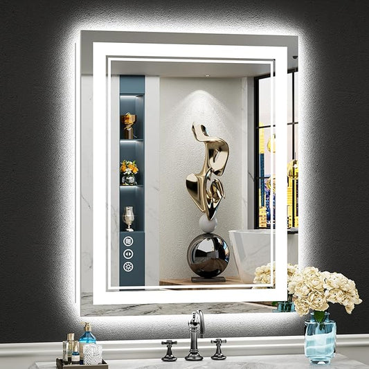 24x30 LED Bathroom Mirror with Lights, Backlit & Front Lit, Anti-Fog Lighted Vanity Mirror for Bathroom Wall, 3 Colors, Dimmable, Memory, HD Tempered Glass, Shatter-Proof, Horizontal/Vertical
