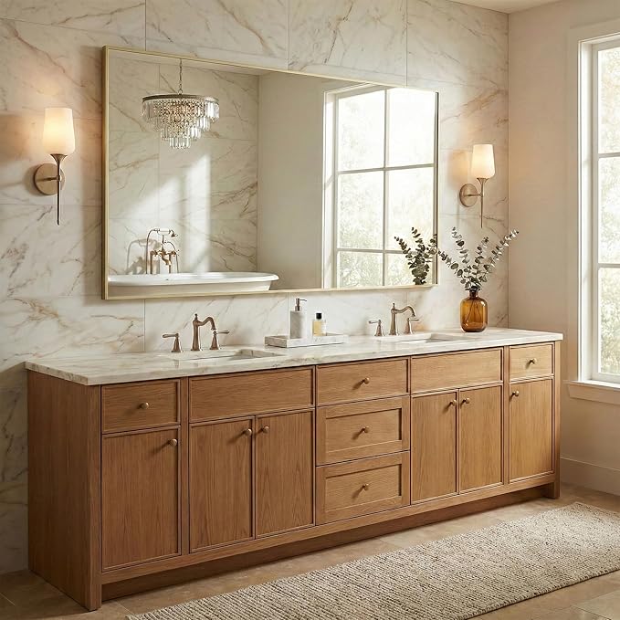 55"x30" Gold Bathroom Mirror, Metal Framed Vanity Mirror for Wall, Full Length Body Mirror for Bedroom & Closet, Modern Luxe Decor, Flush Mount