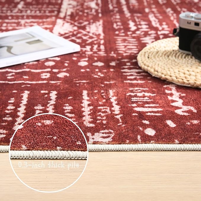 Rugcomf Living Room Rug 5x7 Rug Machine Washable Boho Area Rug Non Slip Moroccan Vintage Low Pile Large Rugs for Living Room, Bedroom, Farmhouse, Dining Room, Kids Playroom(Terracotta)