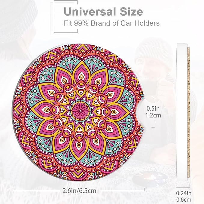 Boho Mandala Car Coasters for Women 2 Pack,Vintage Flower Ottoman Absorbent Car Coasters for Cup Holders Insert Ceramic Anti Slip with Finger Notch & Cork Base Auto Accessories Gifts