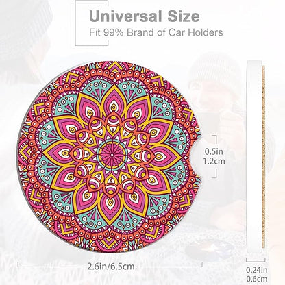 Boho Mandala Car Coasters for Women 2 Pack,Vintage Flower Ottoman Absorbent Car Coasters for Cup Holders Insert Ceramic Anti Slip with Finger Notch & Cork Base Auto Accessories Gifts