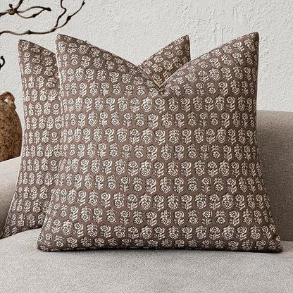 Foindtower Set of 2 Decorative Neutral Floral Print Throw Pillow Covers Vintage Accent Farmhouse Cushion Covers Boho Home Decor for Sofa Couch Chair Bedroom Living Room,24×24 Inch,Brown
