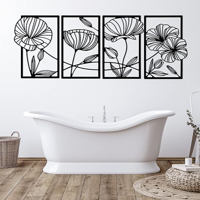 Cunno 4 Pcs Metal Wall Art 16.5 x 11.8'' Line Art Wall Decor Floral Minimalist Decor Hanging Flower Aesthetic Modern for Living Room Bedroom Bathroom Kitchen Decoration(Black)