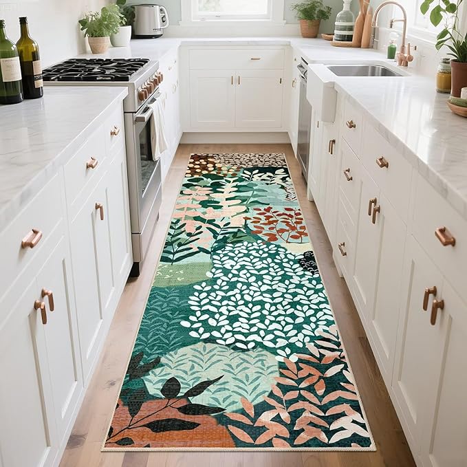 DEXDE Runner Rug 2x8, Washable Hallway Boho Soft Area Rugs Abstract Long Non Slip Leaves Floral Vintage Floor Carpet for Entryway Kitchen Laundry Bathroom Bedroom, Dark Green