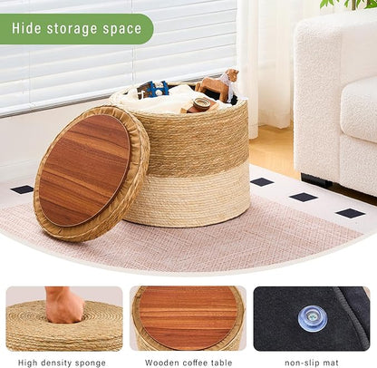 Wimarsbon Round Pouf Ottomans, Handwoven Natural Water Hyacinth Seagrass Pouffe,Outdoor Rattan Stool Accent Seat, Bohemian Coastal Home Decor (Storage - 18inch Natural Cattail & White Corn Shell)
