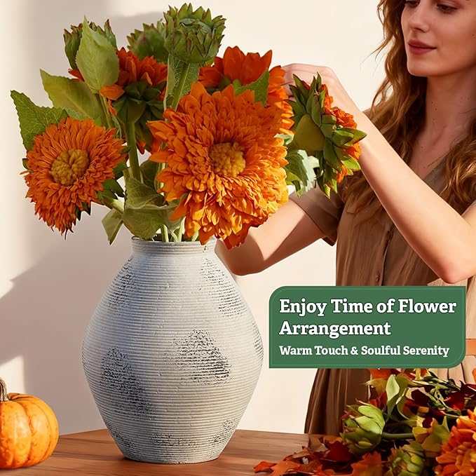 Ceramic Vase Vintage Terracotta Vase Rustic Neutral Pottery Antique Vases 7.87" Farmhouse Vase Home Decor for Pottery Barn Decor Kitchen Counter Dining Table Living Room Bookshelf Entryway