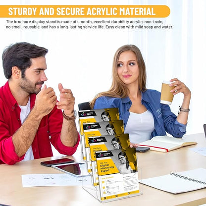 Acrylic Brochure Holder 8.5 x11”, 4 Tier Clear Literature Magazine Stand with Removable Divider for 4 x 9 Pamphlet Display Brochure with Business Card Holders- Wall Mount & Countertop