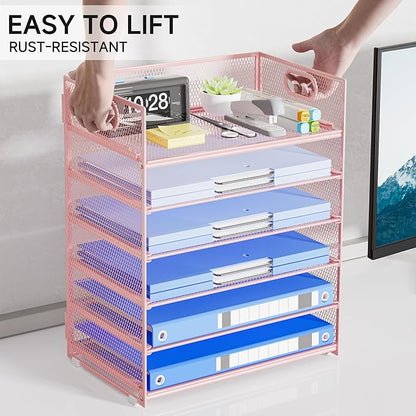 Pink Paper Organizer for Desk with Handle, 6-Tier Metal Mesh File Organizer | Stackable Desktop Organizer for Office Supplies & Stationery Storage