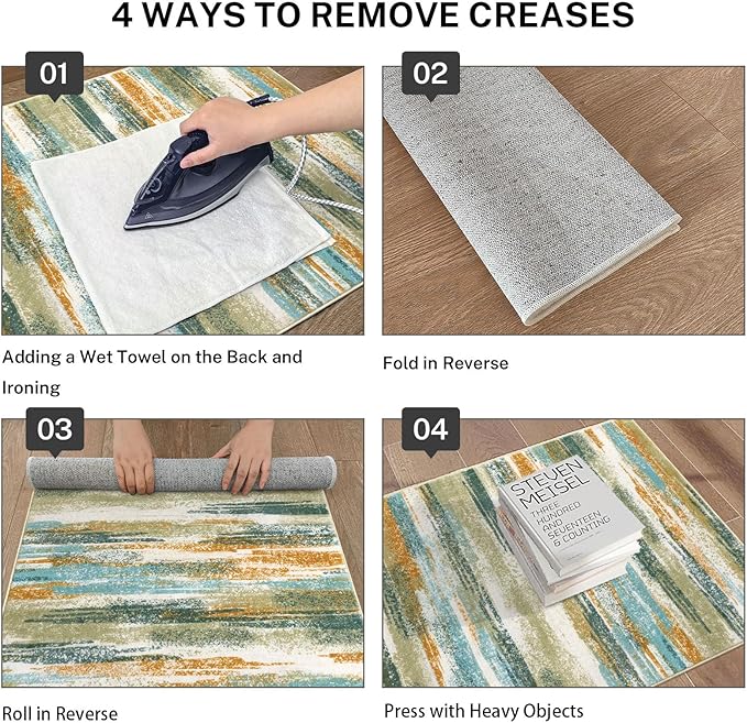 Modern Abstract 5x7 Machine Washable Area Rug Non-Slip Soft Bedroom Living Romm Rug Green Mustard Multi Ultra Thin Print Faux Wool Floor Carpet Throw Rug for Nursery Playroom Dining Room Office
