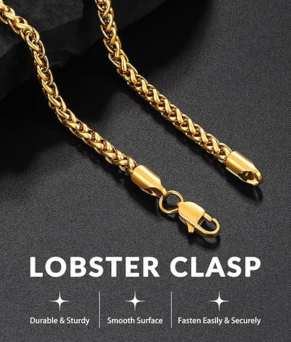 Jewlpire 4mm Wheat Chain Necklace for Men, Silver Tone/Black/14K Gold Plated Stainless Steel Necklace Chain, Mens Chains Necklaces 16 18 20 22 24 26 Inch