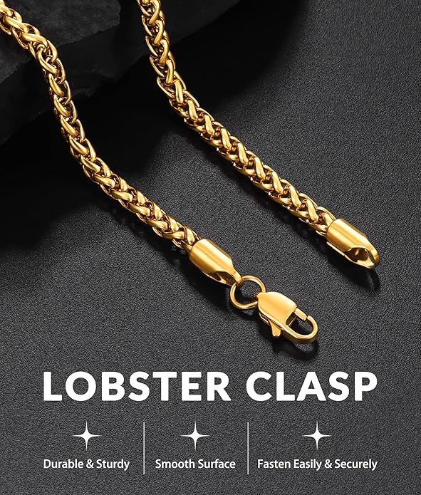 Jewlpire 4mm Wheat Chain Necklace for Men, Silver Tone/Black/14K Gold Plated Stainless Steel Necklace Chain, Mens Chains Necklaces 16 18 20 22 24 26 Inch