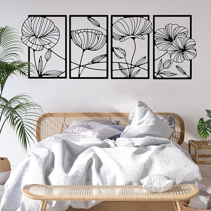 Cunno 4 Pcs Metal Wall Art 16.5 x 11.8'' Line Art Wall Decor Floral Minimalist Decor Hanging Flower Aesthetic Modern for Living Room Bedroom Bathroom Kitchen Decoration(Black)