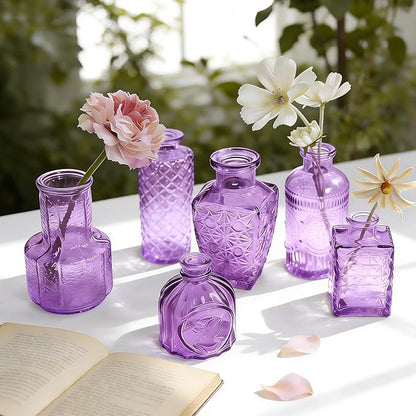 Violet Purple Glass Bud Vases in Bulk 12, Small Vintage Textured Flower Vases for Wedding Centerpieces, Baby Shower, Party Event, Decorative Mini Vase Bottles Set for Flower, Home Table Decor