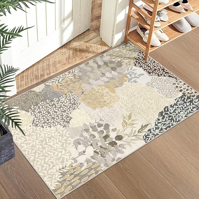 DEXDE 2x3 Area Rug, Small Boho Rugs Entryway Doormat Indoor Machine Washable Non-Slip Abstract Botanical Leaves Floral Print Floor Carpet for Living Room Bedroom Office Playroom, Gray