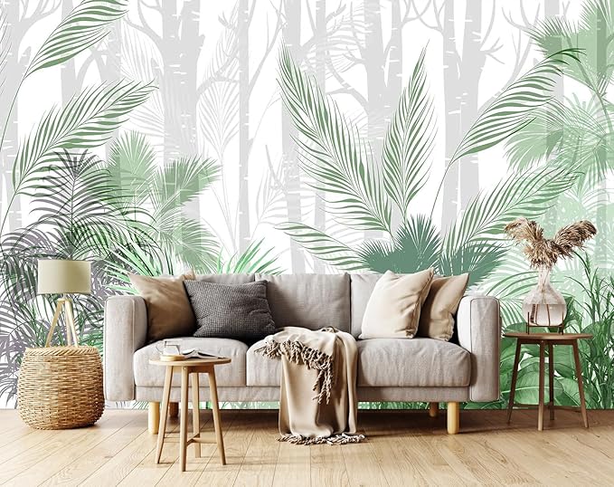 Artistically Painted Mural with Leaves of Tropical Plants on a Hazy Woodland Background Photo Wallpaper（Non-self-Adhesive）