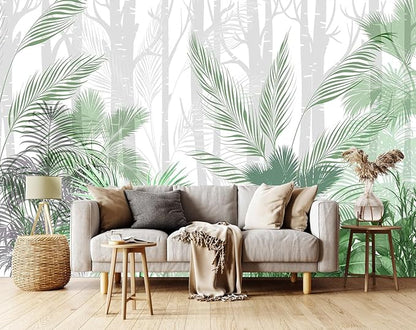 Artistically Painted Mural with Leaves of Tropical Plants on a Hazy Woodland Background Photo Wallpaper（Non-self-Adhesive）