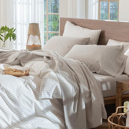 MooMee Bedding Sheet Set 100% Washed Cotton Linen Like Textured Breathable Durable Soft Comfy (Solid Light Tan, King)