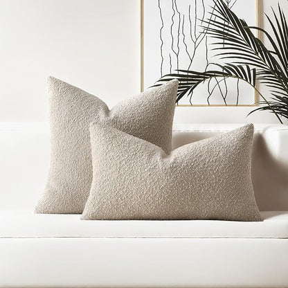 HAUSSY Set of 2 24x24 Decorative Throw Pillow Covers, Soft Cozy European Pillow Shams Textured Boucle, Home Decor for Couch Bed Living Room, Oatmeal