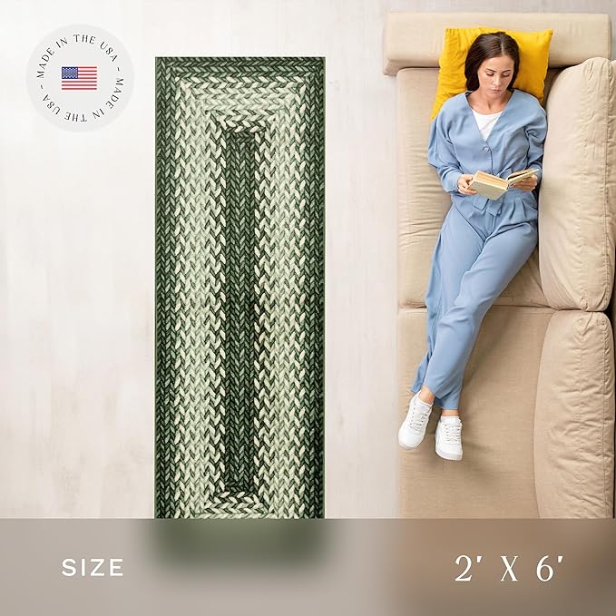 Maples Rugs Marion Bohemian Braided Design Print Runner Rug – Made in USA – Washable, Non Slip Indoor Carpet for Hallway, Kitchen, and Laundry Room, 2' x 6', Green