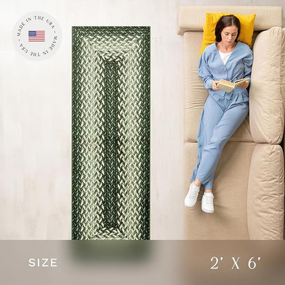 Maples Rugs Marion Bohemian Braided Design Print Runner Rug – Made in USA – Washable, Non Slip Indoor Carpet for Hallway, Kitchen, and Laundry Room, 2' x 6', Green