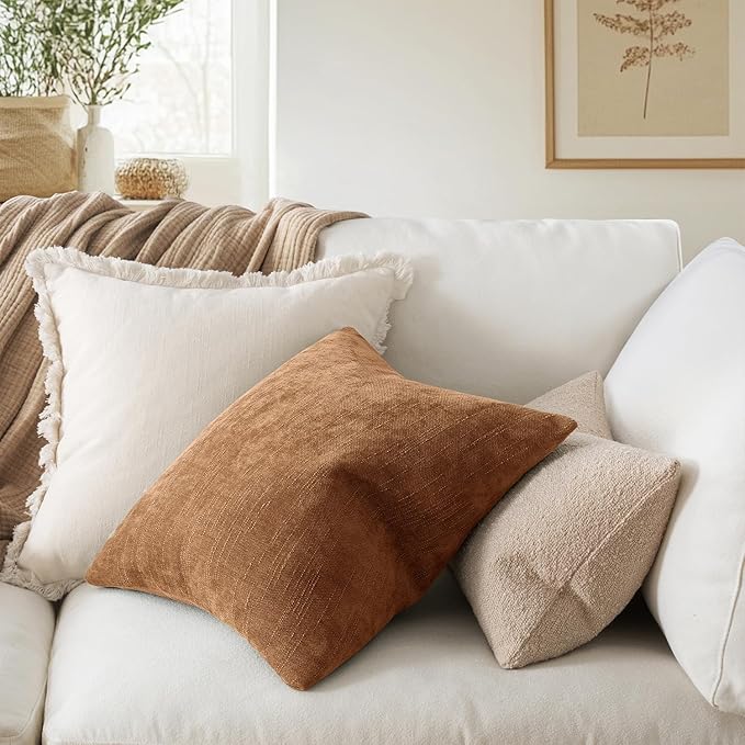 MIULEE Pack of 2 Decorative Throw Pillow Covers Soft Chenille Throw Pillows Solid Textured Euro Cushion Covers for Couch Sofa Bedroom Living Room 22x22 Inch, Brown