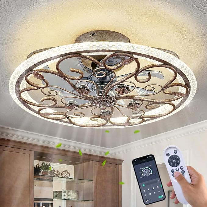 Black RusticCaged Ceiling Fan with Light, Industrial Flower Ceiling Fan with Lights and Remote, LED Low Profile Ceiling Light for Bedroom Kitchen Living Room