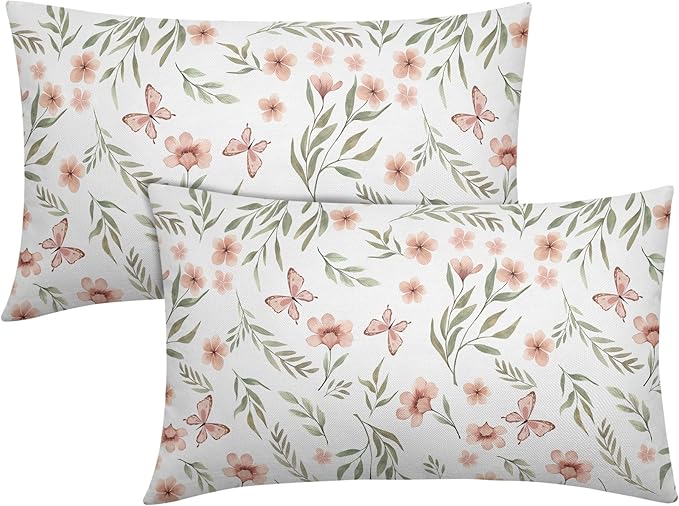 Spring Pillow Covers 12x20 Set of 2 Sage Green Pink Floral Throw Pillow Covers Boho Pillowcase Linen Decoration Farmhouse Soft Decorative Butterfly Cushion Case Couch for Indoor Outdoor Home Decor