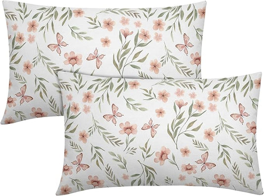 Spring Pillow Covers 12x20 Set of 2 Sage Green Pink Floral Throw Pillow Covers Boho Pillowcase Linen Decoration Farmhouse Soft Decorative Butterfly Cushion Case Couch for Indoor Outdoor Home Decor