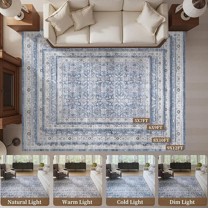 MontVoo-Vintage Area Rug 6X9 Blue Rugs for Living Room-Soft Distressed Printed Rugs for Bedroom-Non Slip Carpet-Machine Washable Rug for Dining Room Living Room Bedside Office