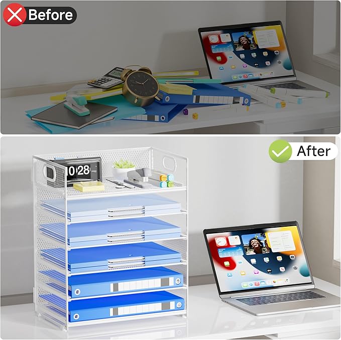 Paper Organizer for Desk with Handle, 6-Tier Metal Mesh File Organizer | Stackable Letter Tray for Office Documents & Stationery Storage