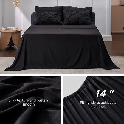 Bedsure King Size Comforter Set Black - Bed in a Bag Bedding Set 7 Pieces, GentleSoft™ Pintuck Bed Set Gift for Family, Pinch Pleat Black Comforter with Sheets, Pillowcases & Shams