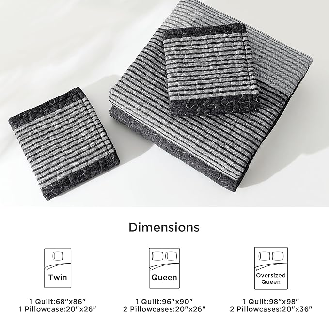 Litanika Oversized Queen Quilt Set Black and White, 98x98 Stripe Bedspread Coverlet 3 Pieces, Black and White Lightweight Quilted Bedding Set for All Season(Oversized Queen-1 Quilt, 2 Pillowcases)