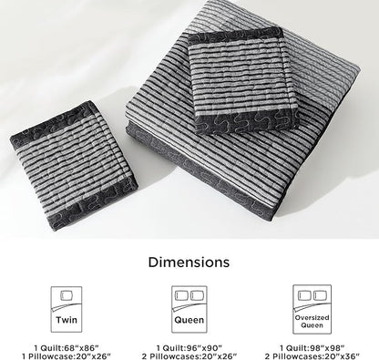 Litanika Oversized Queen Quilt Set Black and White, 98x98 Stripe Bedspread Coverlet 3 Pieces, Black and White Lightweight Quilted Bedding Set for All Season(Oversized Queen-1 Quilt, 2 Pillowcases)