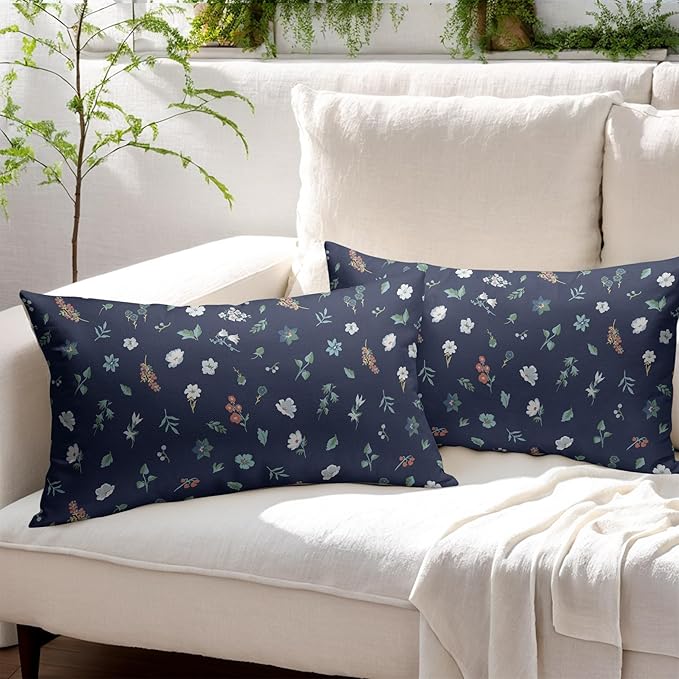 Vitage Floral Lumbar Pillow Covers 12x20 Set of 2 Navy Green Spring Flower Leaf Pattern Rustic Decorative Outdoor Farmhouse Boho Pillowcases Decorations Throw Cushion Cover Decor for Couch Sofa Bed