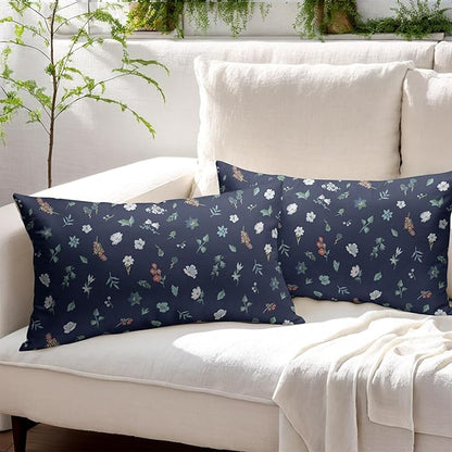 Vitage Floral Lumbar Pillow Covers 12x20 Set of 2 Navy Green Spring Flower Leaf Pattern Rustic Decorative Outdoor Farmhouse Boho Pillowcases Decorations Throw Cushion Cover Decor for Couch Sofa Bed