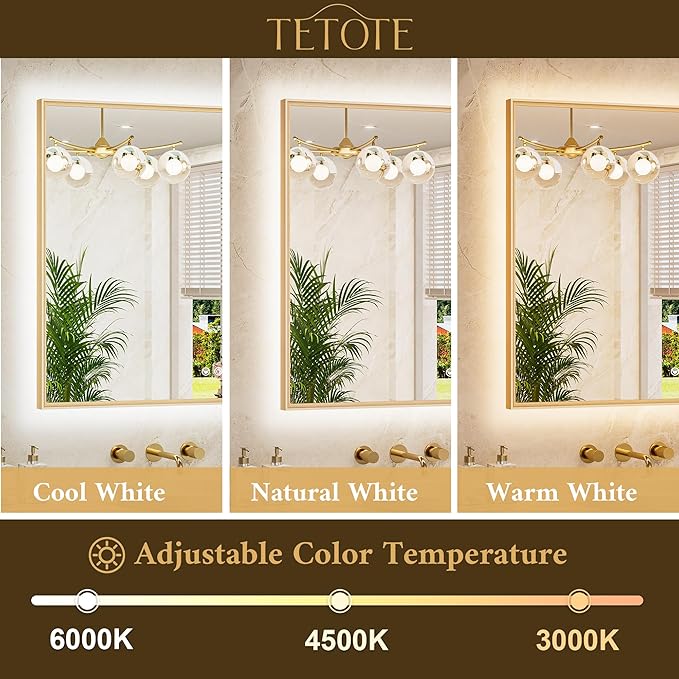 TETOTE 40 x 30 Backlit Bathroom Mirror Brushed Gold Metal Frame LED Light Vanity 3-Color White/Warm/Natural Stepless Dimmable Anti-Fog Backlight Mirror Wall-Mounted
