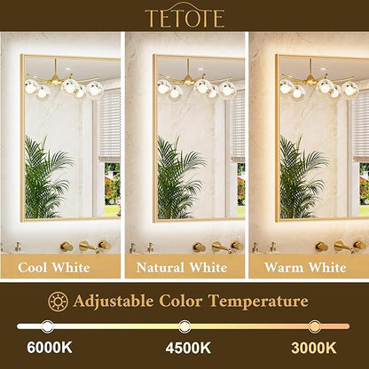 TETOTE 72 x 36 Backlit Bathroom Mirror Brushed Gold Metal Frame LED Light Vanity 3-Color White/Warm/Natural Stepless Dimmable Anti-Fog Backlight Mirror Wall-Mounted