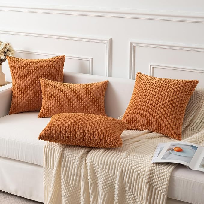 Kevin Textile Fall Throw Pillow Covers Soft Corduroy Decorative Set of 2 Boho Striped Pillow Covers Pillowcases Farmhouse Home Decor for Couch Bed Sofa Living Room 24x24 Inch Orange Yellow