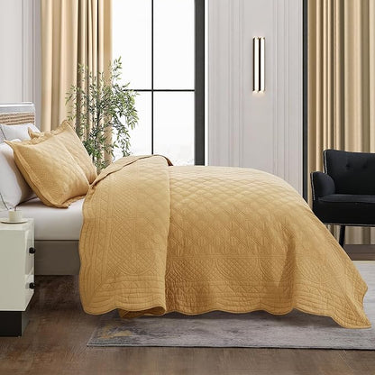 CHIXIN Oversized Cotton Bedspread Queen Size - Real Stitching - Luxury Quilted Bedding Cover for All Season, Reversible, Ultra Soft, Lightweight, 3 Piece, Honey Gold