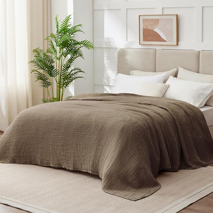100% Cotton Muslin Blanket Twin 66" x 90", Breathable and Lightweight Cotton Twin Blankets for Couch, Soft Cooling Summer Gauze Blanket for Adults All Season, Tan