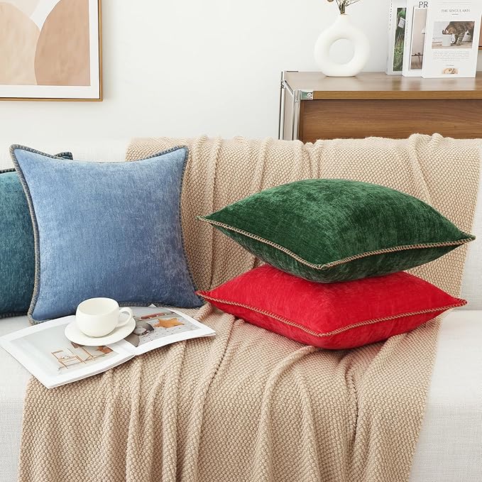 decorUhome Spring Chenille Soft Throw Pillow Covers 26x26 Set of 2, Farmhouse Velvet Neutral Decorative Euro Sham Pillow Covers with Stitched Edge for Couch Sofa Bed Home Decor, Blue