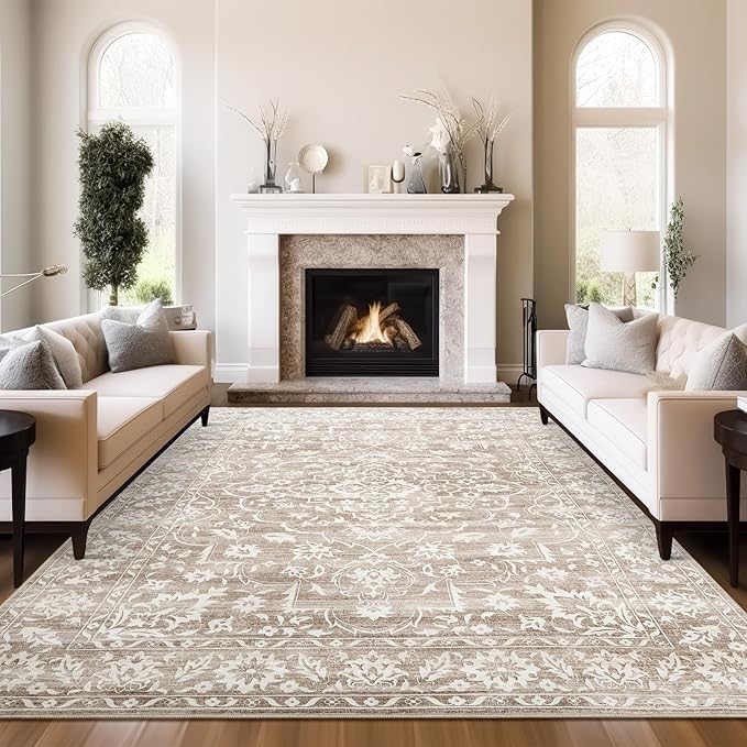 8x10 Area Rugs for Living Room, Stain Resistant Washable Rugs for Dining Room, Kitchen, Floral Vintage Non-Slip Thin Large Area Rug Light Brown