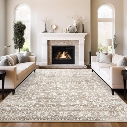 9x12 Area Rugs for Living Room, Stain Resistant Neutral Washable Rugs for Dining Room, Bedroom, Floral Vintage Non-Slip Extra Large Area Rug(Light Brown, 9'x12')