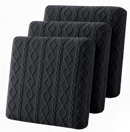 3 Pcs Jacquard Couch Cushion Covers for Sofa Stretch Plush Soft Seat Cover Washable Sofa Slip Covers with Elastic Bottom Modern Boho Furniture Protector for Sectional Slipcovers(Dark Gray)